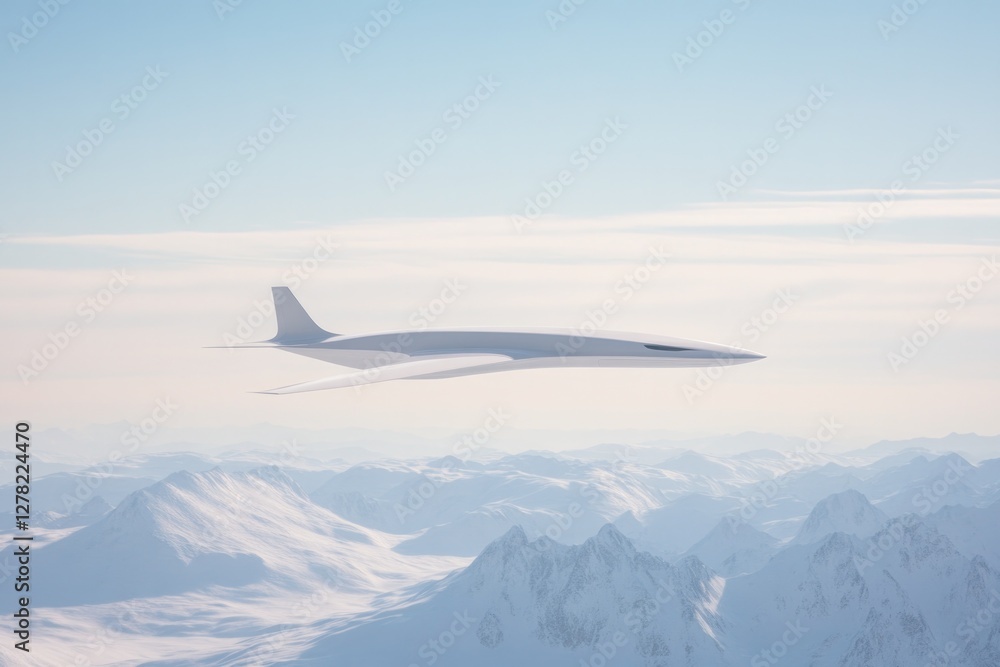 Sleek aircraft soars above majestic snow-capped mountains under Sleek aircraft soars above majestic snow-capped mountains under