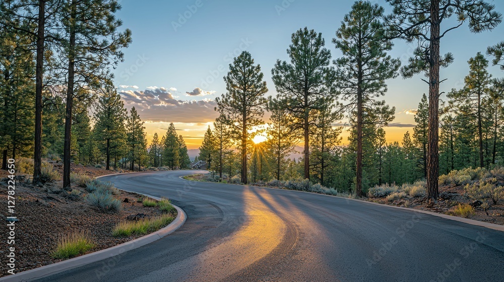 Fototapeta premium Serene Sunset Over Winding Road Through Pine Forest Landscape