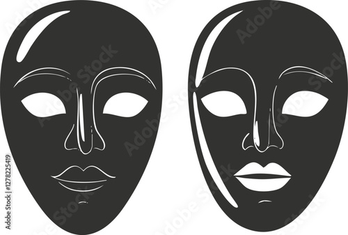 Black and white theater masks symbolizing drama and performance art.