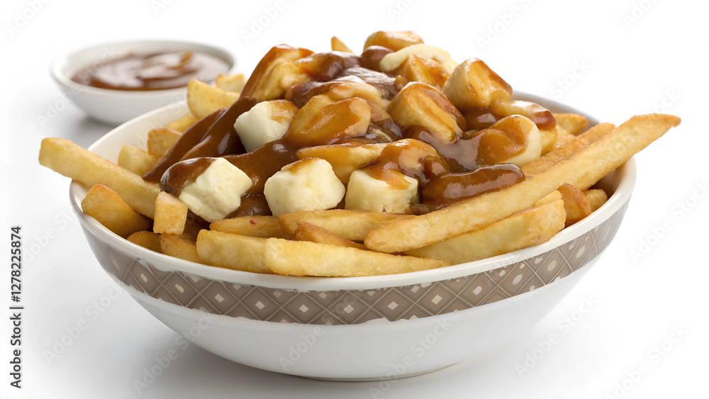 Indulgent poutine with crispy fries, savory gravy, and melted cheese curds, artfully plated. Indulgent poutine with crispy fries, savory gravy, and melted cheese curds, artfully plated.