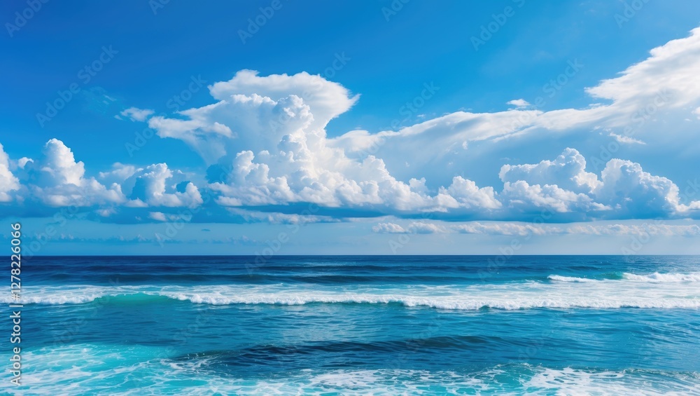 Obraz premium Tranquil Ocean Waves Under Bright Blue Sky with Fluffy White Clouds and Deep Blue Sea Color Perfect for Nature and Travel Themes