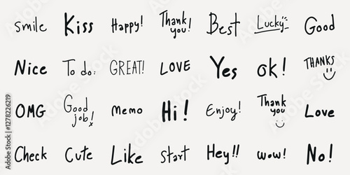 Handwritten words like 'love', 'happy', 'thank you', 'best', 'yes', 'ok', 'good', 'great', 'enjoy', 'cute', 'wow', 'hi', 'smile', 'kiss', 'lucky'. Doodle and hand drawn words, vector set.