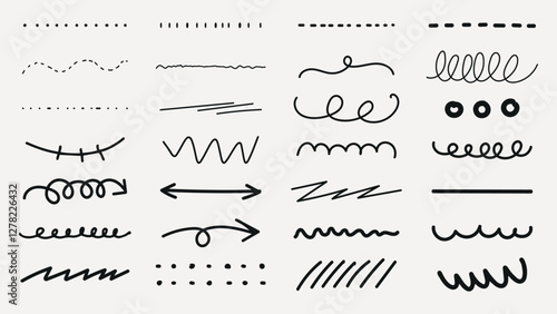 Collection of hand-drawn doodles on lined paper. Doodles include arrows, clouds, and swirls. Playful doodles for creative projects. Doodles add fun and whimsy. Hand drawn social media icons, vectors.
