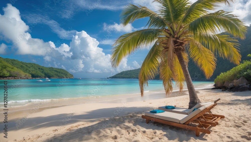 Serene Tropical Beach Scene with Palm Tree and Lounge Chair Under Clear Blue Sky Serene Tropical Beach Scene with Palm Tree and Lounge Chair Under Clear Blue Sky