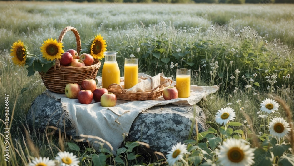 Fototapeta premium Charming picnic setup with apples, juice, and sunflowers on a rock in a grassy field adorned with wildflowers and empty space for text.