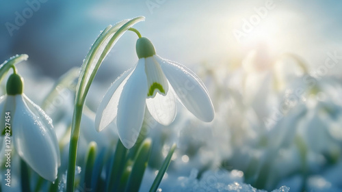 Snowdrop flowers (Galanthus nivalis) blooming. Early spring in the garden.
