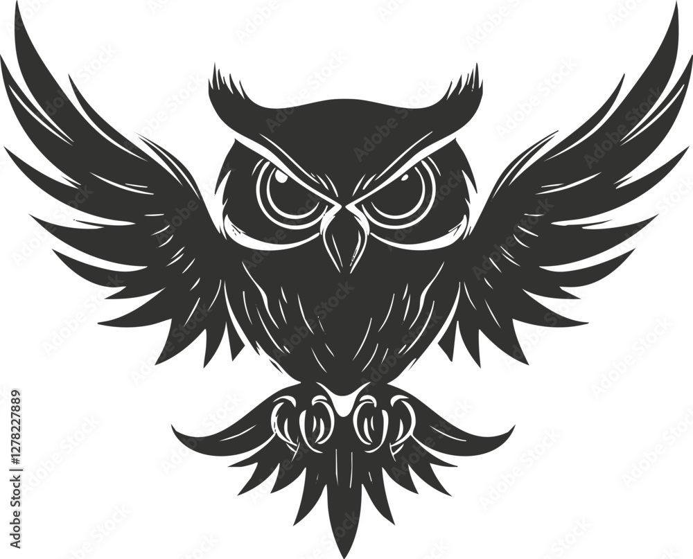 Fototapeta premium Monochrome vector illustration of a flying owl with spread wings.