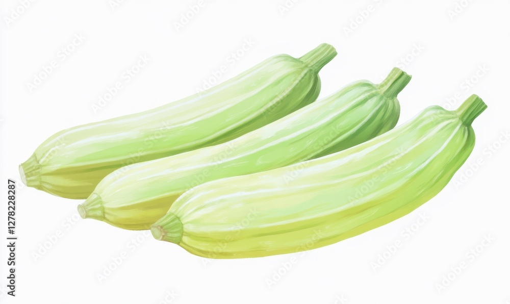 Four fresh zucchinis arranged side by side against a clean white background, ideal for culinary use Four fresh zucchinis arranged side by side against a clean white background, ideal for culinary use
