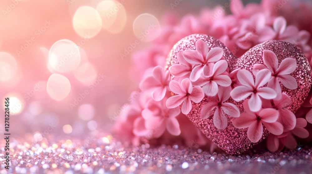 Pink Glittering Heart Adorned with Delicate Flowers Pink Glittering Heart Adorned with Delicate Flowers