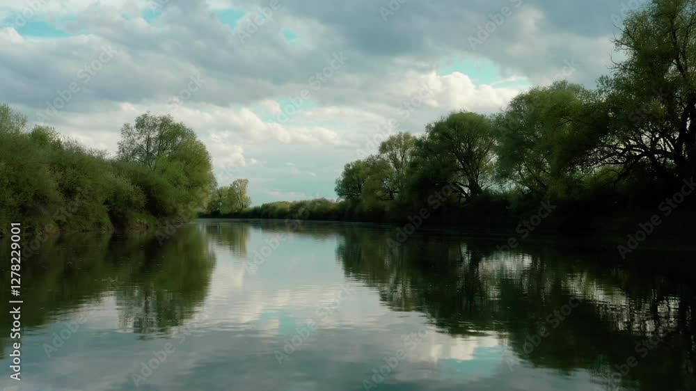 A serene drone flight over a tranquil river, capturing calm waters reflecting the sky and surrounding nature. Smooth movement reveals a peaceful, scenic landscape, perfect for relaxation and meditatio A serene drone flight over a tranquil river, capturing calm waters reflecting the sky and surrounding nature. Smooth movement reveals a peaceful, scenic landscape, perfect for relaxation and meditatio