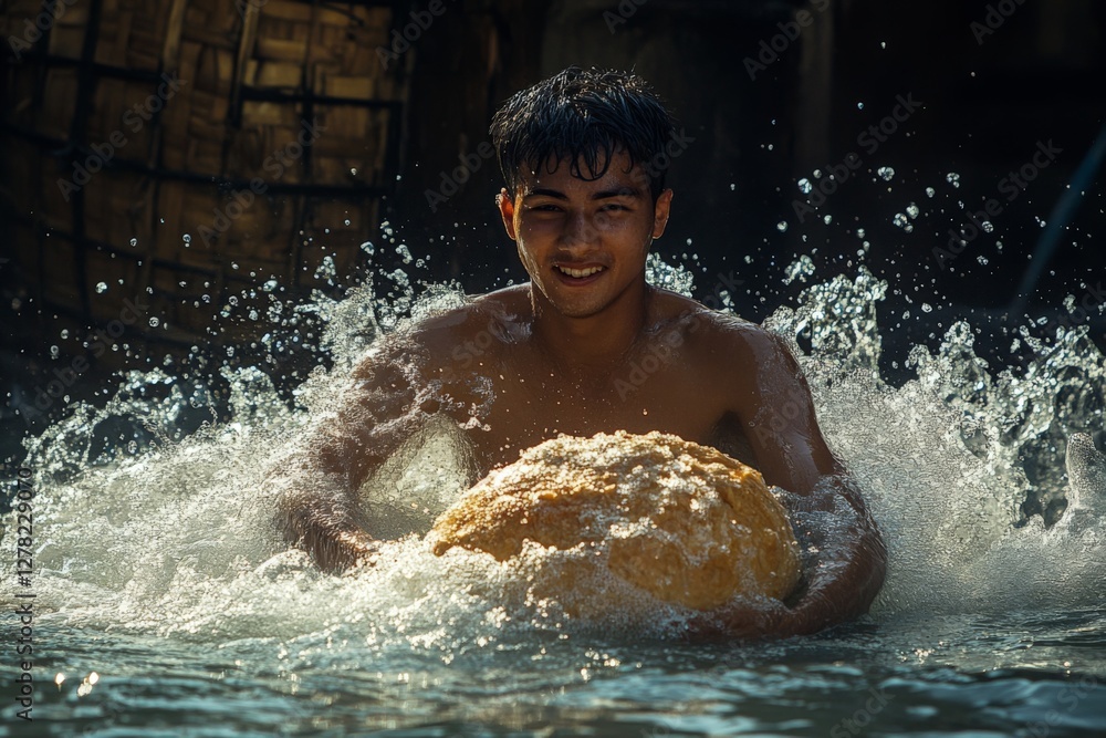 Fototapeta premium Young boy joyfully splashes in water while holding a large sponge during a sunny afternoon in a rural setting