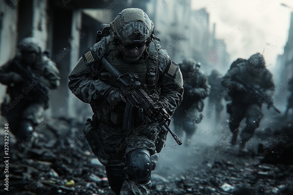 Alpha Group Special Forces Advancing in Urban Combat, Tactical Assault Through Destroyed Buildings and Smoke Alpha Group Special Forces Advancing in Urban Combat, Tactical Assault Through Destroyed Buildings and Smoke