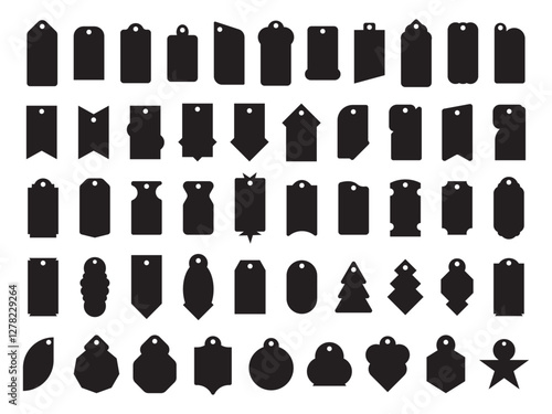 Set of Black price tags silhouette. Various geomatric decorative label forms as circle, rectangle, square, oval, triangle, heart, hexagonal and
custom shapes. Each tag has a hole for rope hanging. 