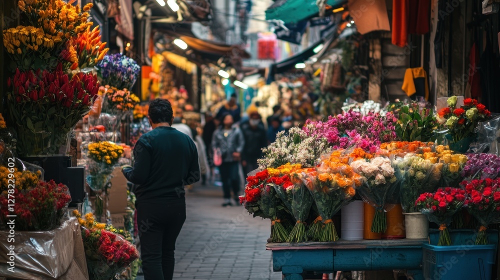 Naklejka premium Vibrant Flower Market Alleyway: A Colorful Asian Street Scene