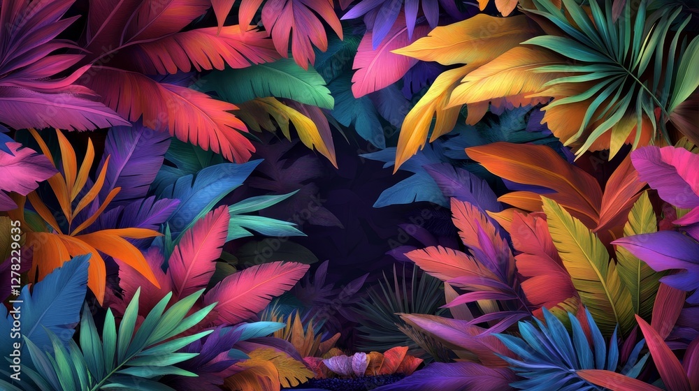 Vibrant tropical foliage framing a darkened pathway, suggesting adventure and exploration Vibrant tropical foliage framing a darkened pathway, suggesting adventure and exploration