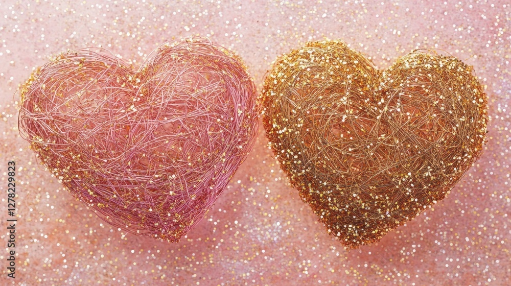 Fototapeta premium Two Glittery Hearts on Pink Sparkling Background