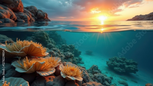 Sunlit underwater scene of coral reef with healthy and damaged corals affected by ocean warming	