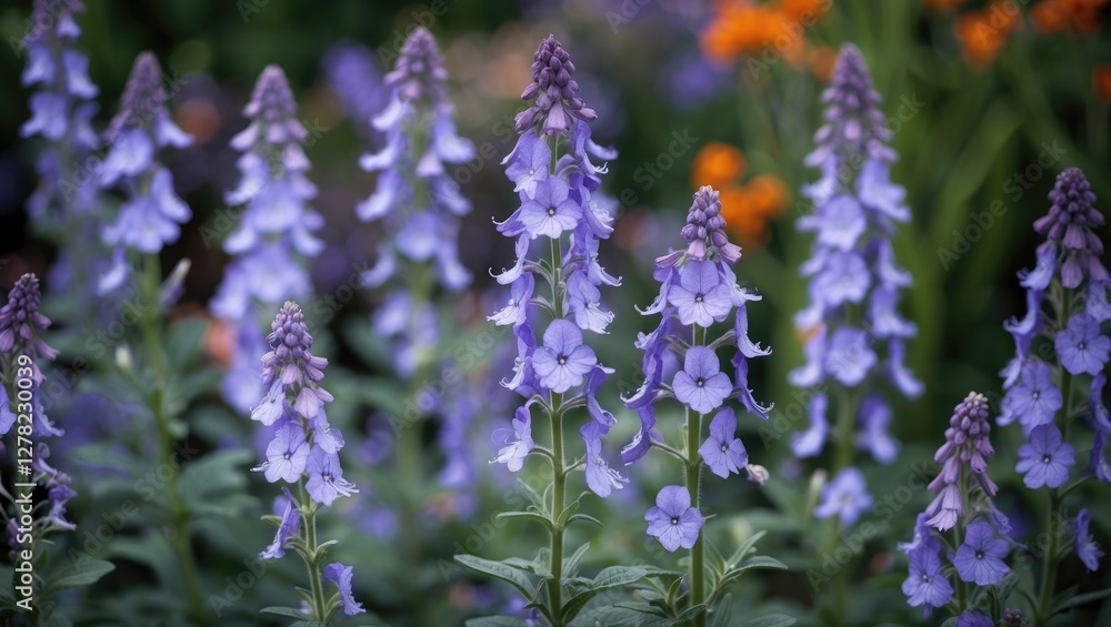Fototapeta premium Vibrant Violet Salvia Flowers in Full Bloom Creating a Serene Garden Background with Lush Greenery and Splashes of Orange Flowers