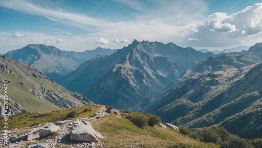 Fototapeta premium Breathtaking Mountain Landscape with Expansive Sky and Empty Space for Text or Overlay