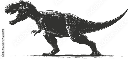 Black and white illustration of a Tyrannosaurus Rex dinosaur in motion.