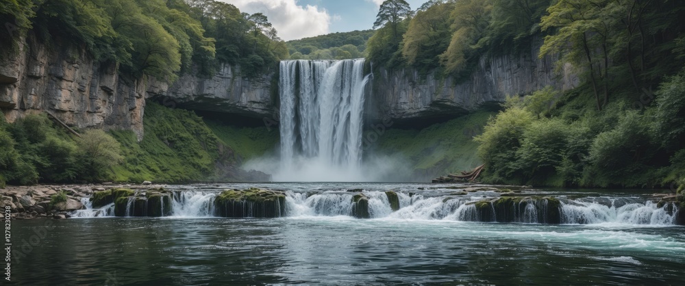 Fototapeta premium Majestic Waterfall Cascading Into Serene Pool Surrounded By Lush Greenery And Clear Blue Sky Ideal For Nature-Themed Projects