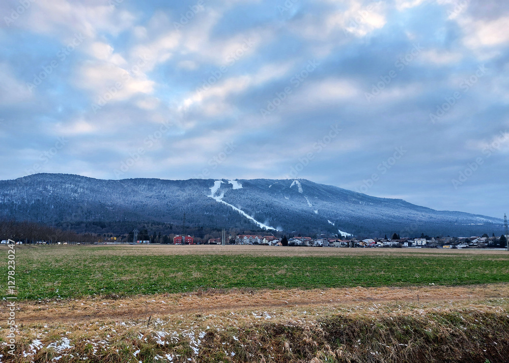 Slovenia. Pohorje mountain at winter with ski trail. Europe