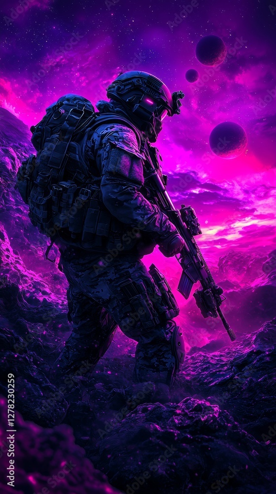 2070 Navy SEALs in Biomechanical Armor, Energy Rifles in Futuristic Alien Battlefield with Floating Rocks 2070 Navy SEALs in Biomechanical Armor, Energy Rifles in Futuristic Alien Battlefield with Floating Rocks