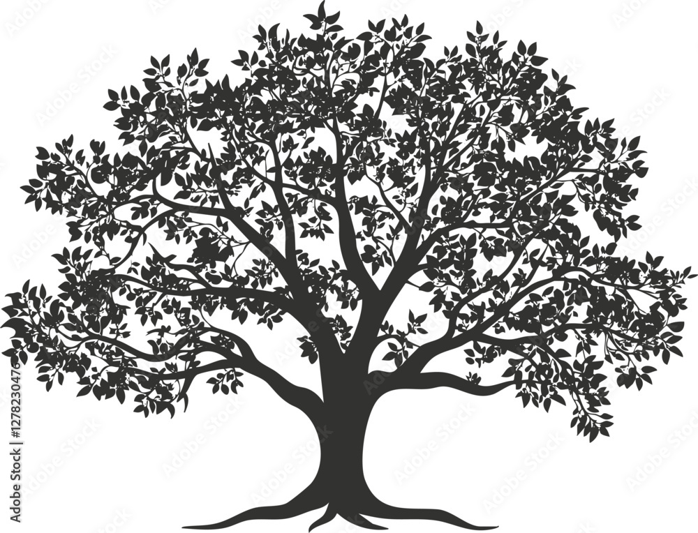 Obraz premium Silhouette of a tree with detailed branches and leaves in black.