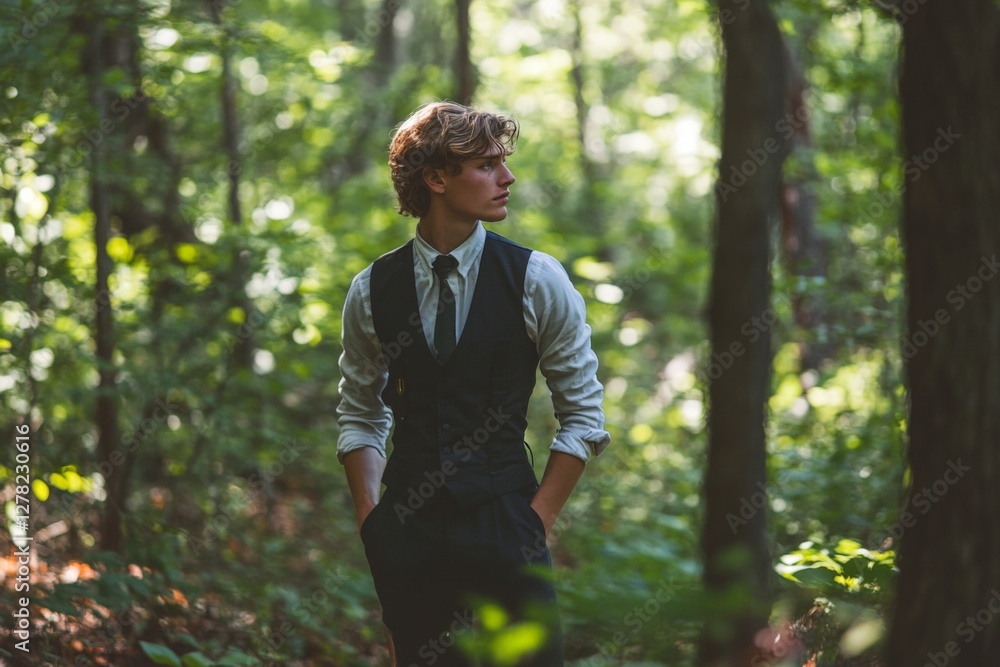 Young man in a formal outfit stands thoughtfully in a sunlit forest during early afternoon Young man in a formal outfit stands thoughtfully in a sunlit forest during early afternoon