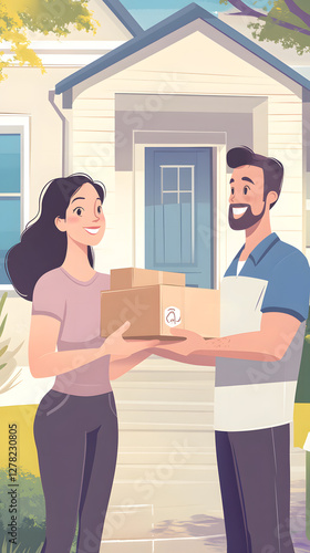 A man is handing over a package to his wife in front of their house
