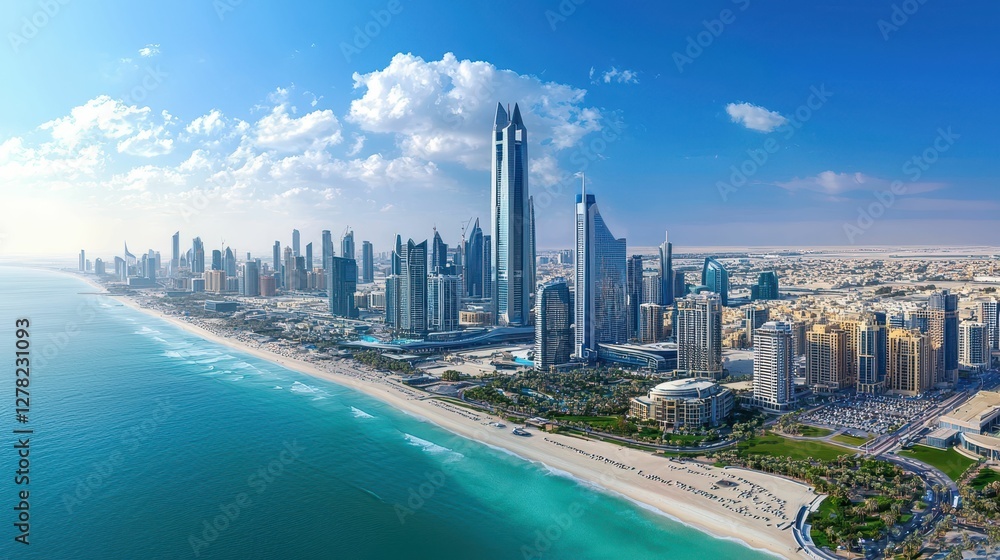 Obraz premium Stunning View of a Modern City Skyline by the Beach at Sunset