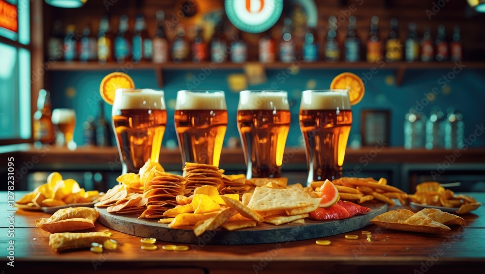Tasty Beer Snacks Selection with Craft Beers and Appetizers on Wooden Platter Against Bar Background and Empty Space for Custom Text