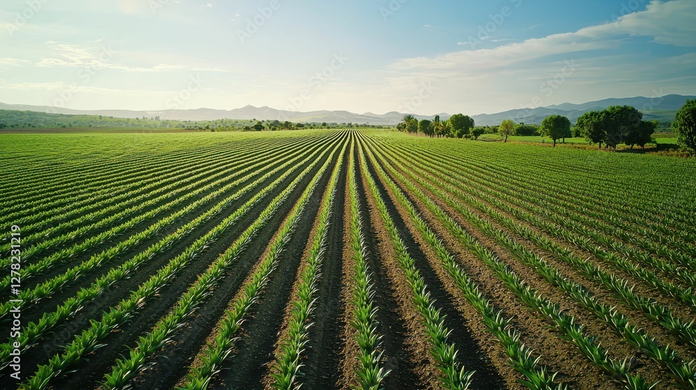 Expansive Green Field with Rows of Growing Plants Under Blue Sky Expansive Green Field with Rows of Growing Plants Under Blue Sky