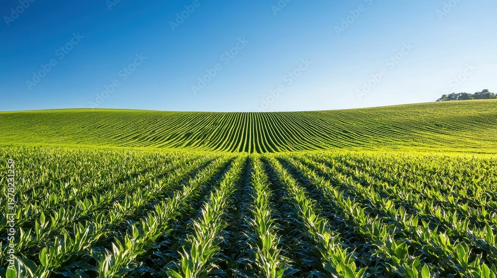 Lush Green Fields Under Clear Blue Sky in Agricultural Landscape Lush Green Fields Under Clear Blue Sky in Agricultural Landscape