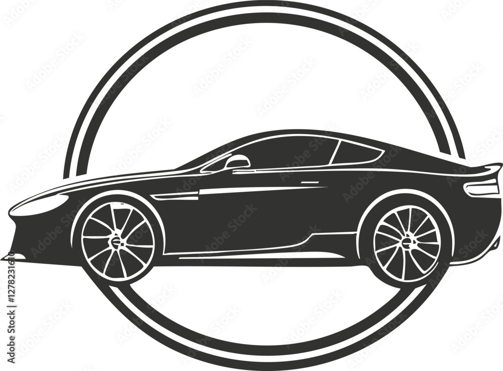 Monochrome silhouette of a sports car within a circular emblem design. Monochrome silhouette of a sports car within a circular emblem design.