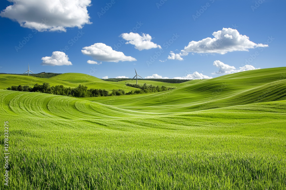 Fototapeta premium Lush green hills with wind turbines under bright blue sky
