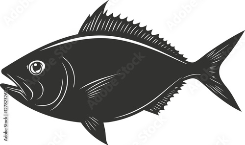 Black silhouette illustration of a fish with detailed fins and tail.