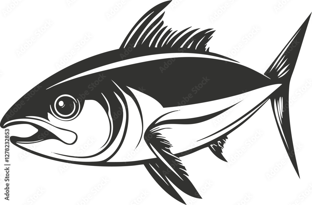 Black and white tuna fish illustration in a graphic style. Black and white tuna fish illustration in a graphic style.