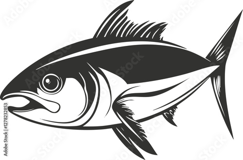 Black and white tuna fish illustration in a graphic style.