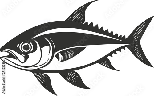 Black and white tuna fish illustration as an icon or symbol.