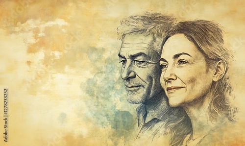 Wallpaper Mural Pen sketch of an elderly man and woman looking towards the future, together. Torontodigital.ca