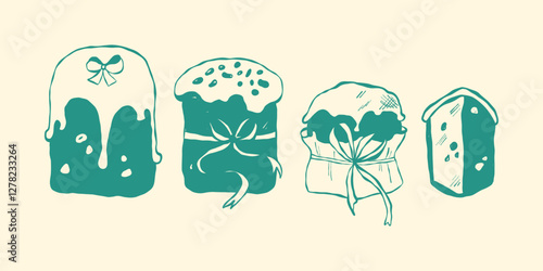 Set of hand-drawn Easter cakes