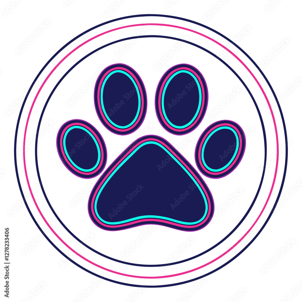 Naklejka premium Glowing Neon Dog Paw Icon, Futuristic Pet Symbol, Modern Animal Print, Isolated Transparent Background, Cyberpunk Style, Digital Illustration, Pet Care Logo, Veterinary Design, Tech-Inspired Graphic