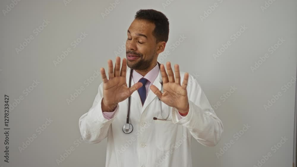Doctor playfully gesturing stop with hands wearing white coat over isolated background expressing lightheartedness with stethoscope around neck in professional attire Doctor playfully gesturing stop with hands wearing white coat over isolated background expressing lightheartedness with stethoscope around neck in professional attire