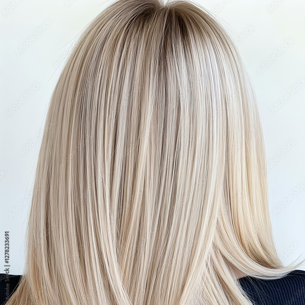 Fototapeta premium Stylish long blonde hair with smooth, shiny strands against a neutral background, perfect for beauty and fashion themes.