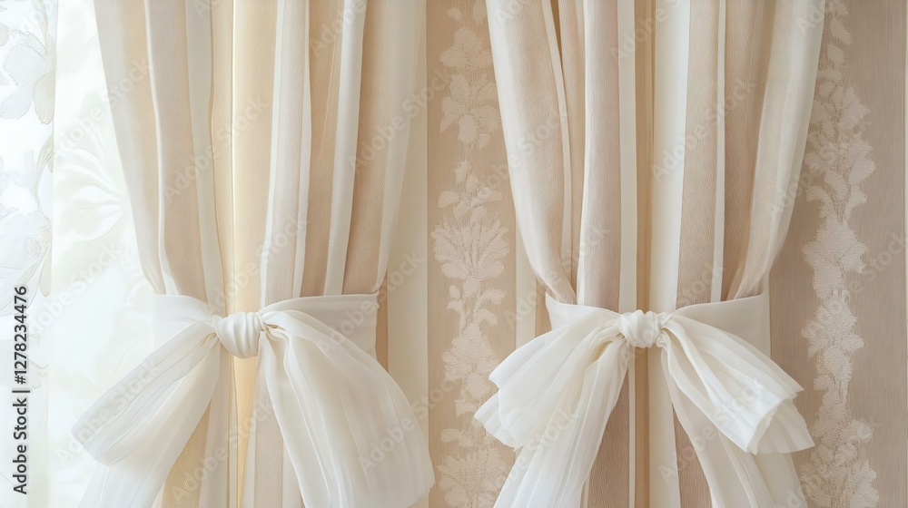 Elegant sheer curtains with delicate bows, enhancing a bright and airy interior. Perfect for home decor inspiration and window treatments. Elegant sheer curtains with delicate bows, enhancing a bright and airy interior. Perfect for home decor inspiration and window treatments.