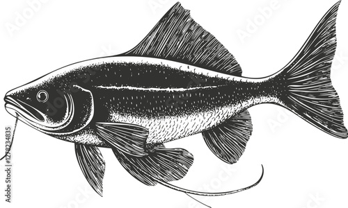 Detailed black and white illustration of a fish with prominent fins.