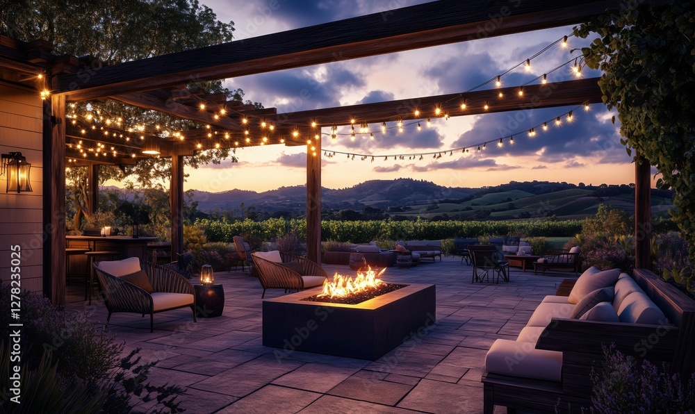 Fototapeta premium Elegant outdoor patio with fire pit and vineyard view at sunset