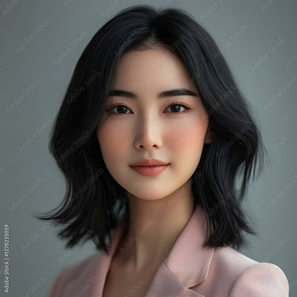 Portrait of a woman with long, dark wavy hair and natural makeup, wearing a light pink blazer. Soft lighting creates an elegant atmosphere. Portrait of a woman with long, dark wavy hair and natural makeup, wearing a light pink blazer. Soft lighting creates an elegant atmosphere.