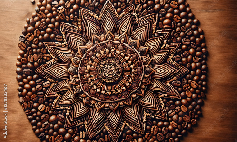Obraz premium Zauberhaftes Mandala, gelegt aus Kaffeebohnen, braun, Hintergrund